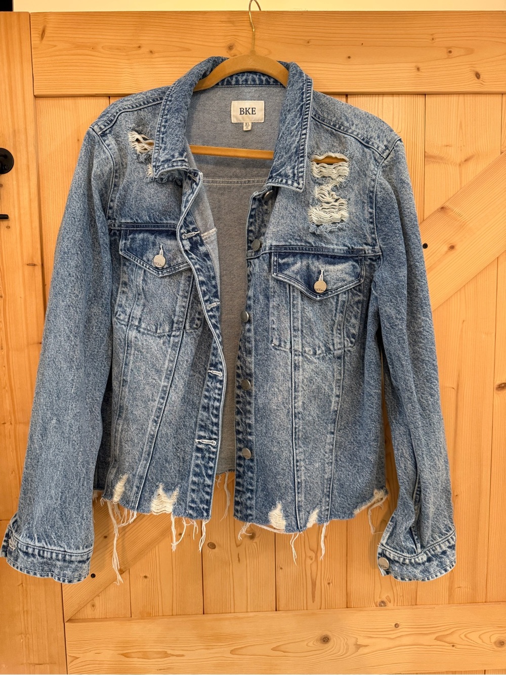 BKE Light Blue Distressed Denim Trucker Jacket
